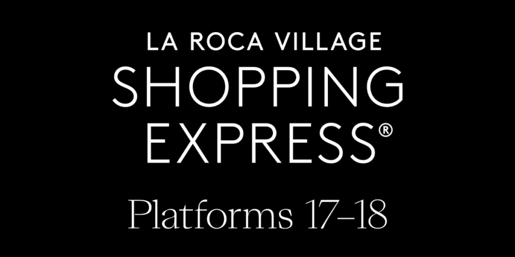 La Roca Village Shopping Express 促销横幅，展示了从 Estació del Nord 出发，前往 La Roca Village 直接享受独家购物体验的巴士服务。.