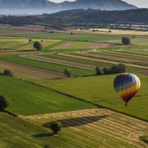 热气球飞越安波尔达的绿色景观后即将降落。.