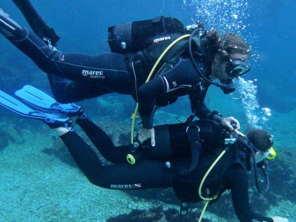 当他们在蒙特哥里水域潜水时,一名教练扶着一名正在潜水的女孩的水箱,让她学会一点一点地抓住水箱。.