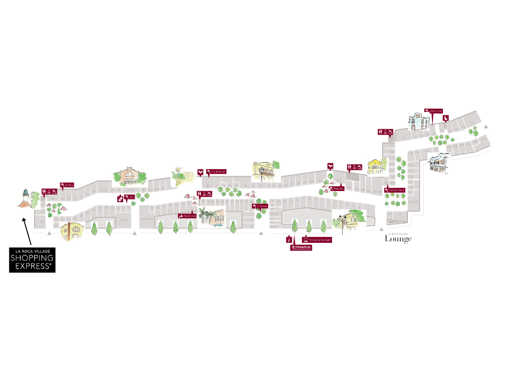 Mapa detallado de La Roca Village mostrando la ubicación de todas las tiendas y servicios disponibles para ayudar a los visitantes a planificar su ruta de compras.