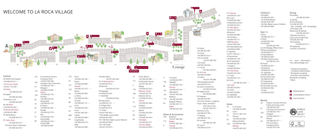 Mapa ilustrativo de La Roca Village, mostrando la disposición de las tiendas, restaurantes y puntos de servicio, diseñado para guiar a los visitantes a través del complejo de compras.